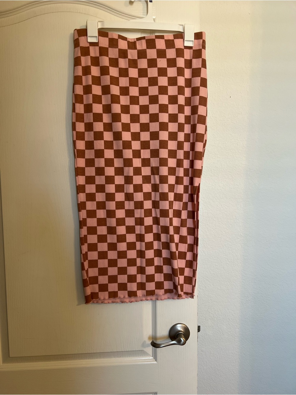 Ascot + Hart Checkerboard Midi Pencil Skirt in Pink and Brown